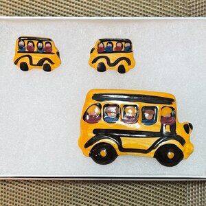 School Bus Driver Appreciation Gift Pin + Earrings Artist Signed Ceramic + Box